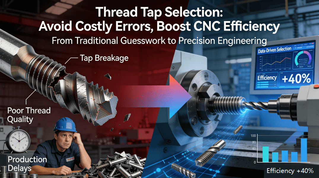 Comparison diagram contrasting traditional thread tapping problems (tap breakage, poor quality) versus data-driven solutions (precision selection, 40% efficiency gain) for CNC machining