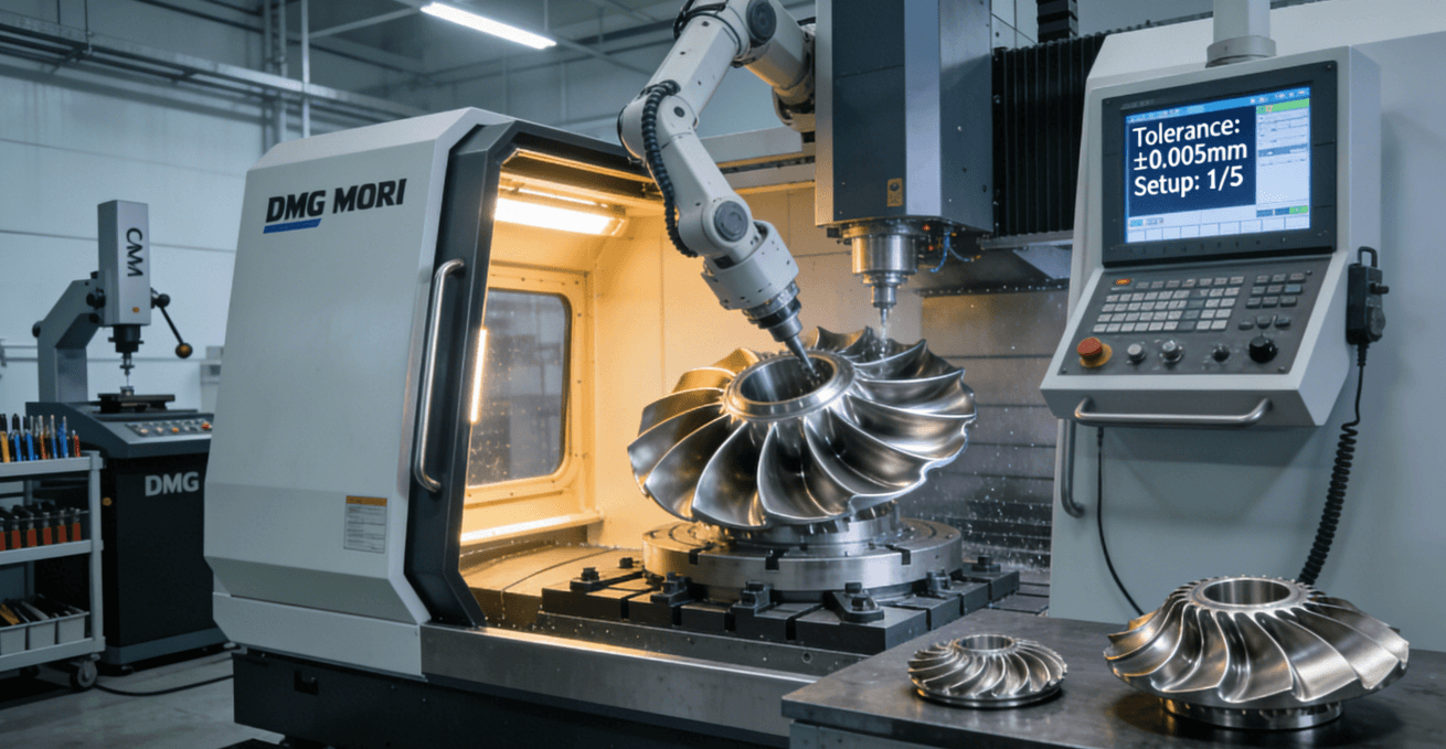 Industrial 5-axis CNC machine machining a complex aerospace impeller, demonstrating single-setup efficiency and high-precision capabilities.