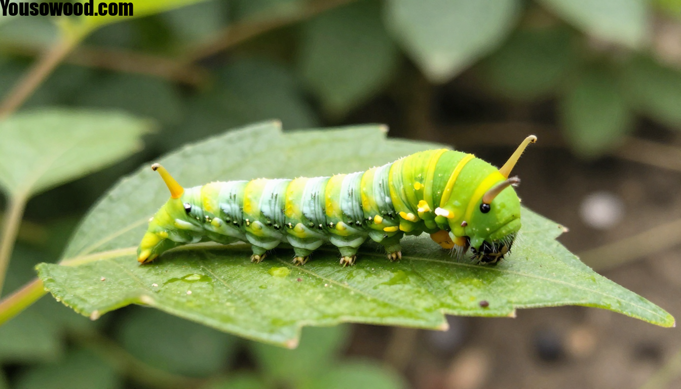 Close-up of a tiny, plump munchkin caterpillar on a green leaf in a natural garden setting