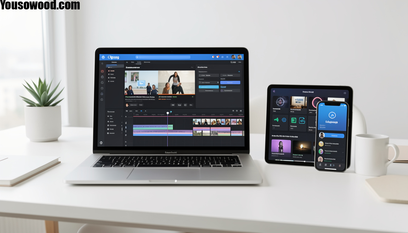 A realistic workspace with laptop, tablet, and smartphone displaying Clipzag AI video editing interface with timeline, subtitles, text-to-speech, and creative effects.