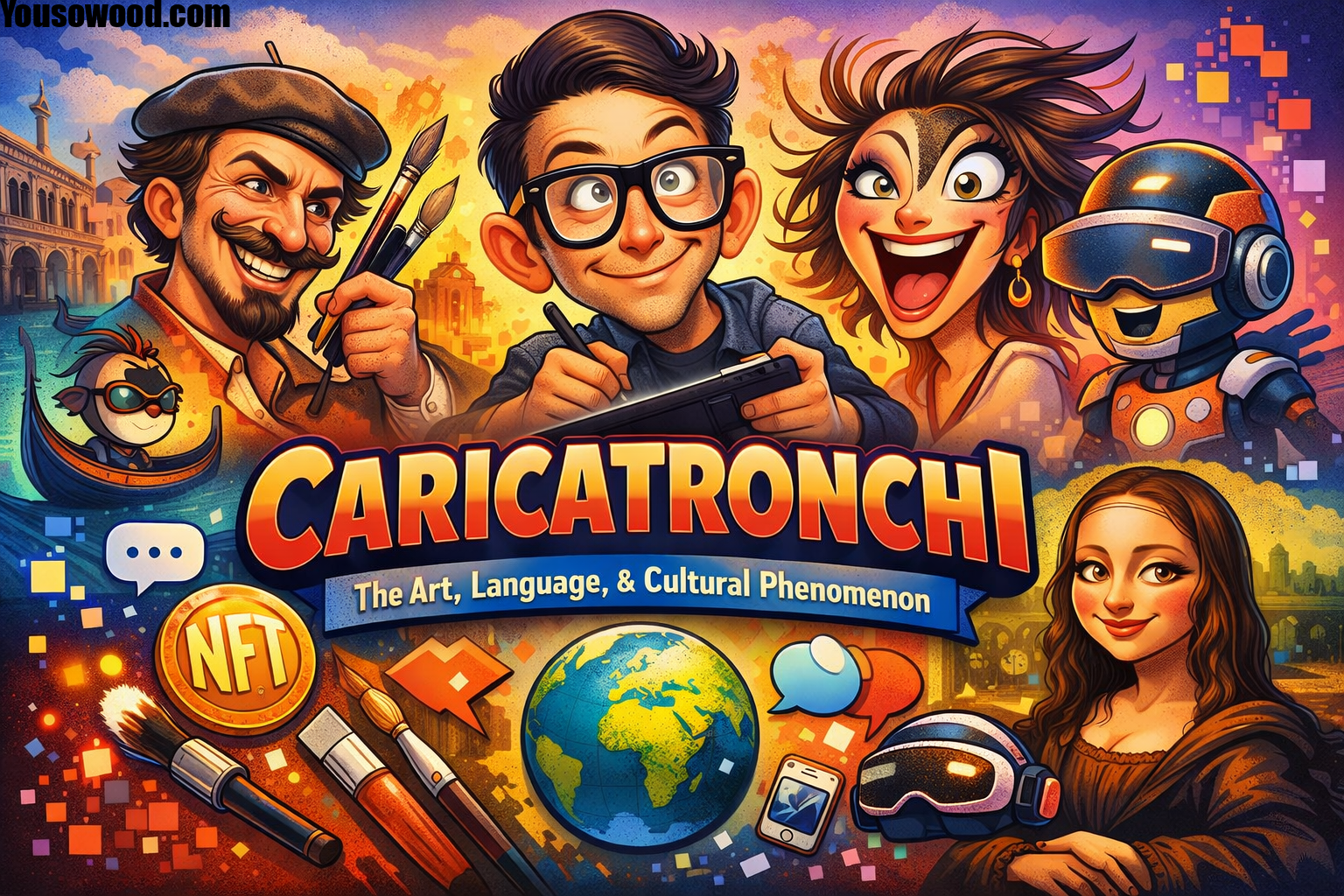 Vibrant Caricatronchi artwork showing exaggerated human expressions and playful distortions
